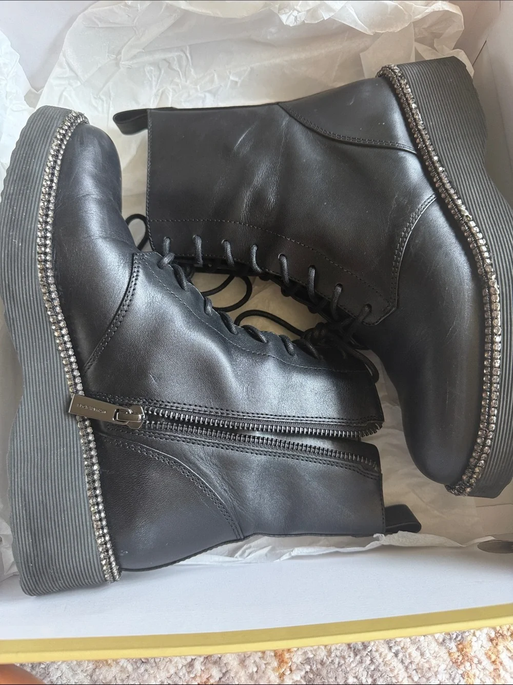 Michael Kors Black Lace-Up Platform Combat Boots with Studded Welt
